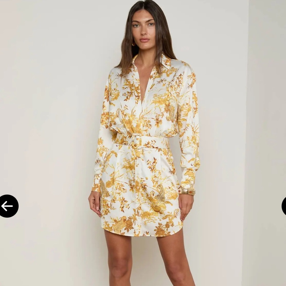 L'AGENCE Ivory and Gold Tapestry Jungle Mini Shirt Dress